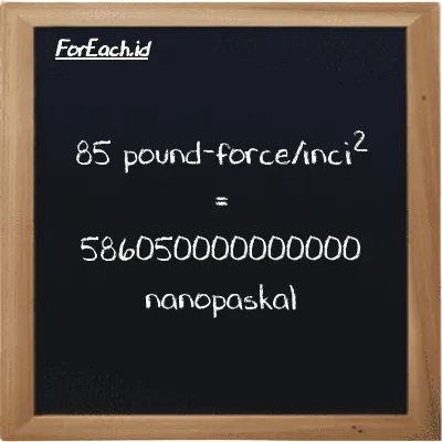 85 pound-force/inci<sup>2</sup> setara dengan 586050000000000 nanopaskal (85 lbf/in<sup>2</sup> setara dengan 586050000000000 nPa)